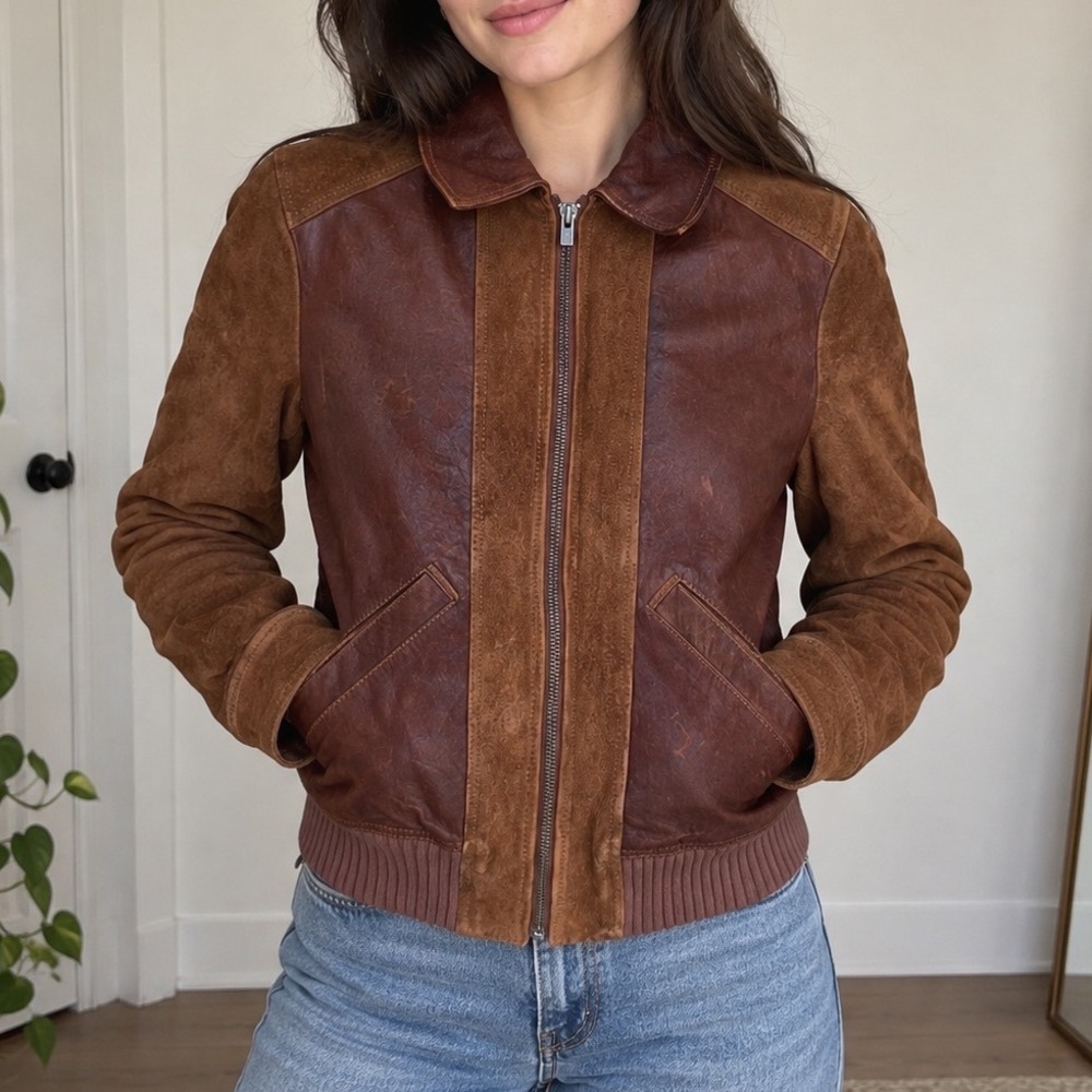 Y2K Timberland Vintage Brown Lambskin Leather Suede Bomber Jacket 2